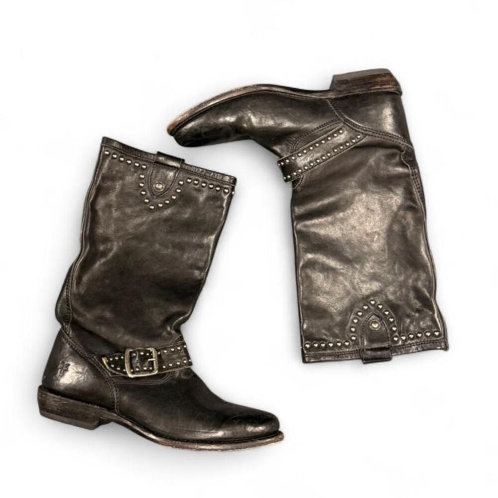 Frye Studded Leather Black Buckle Moto Boots Size 6.5